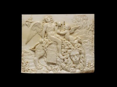 Apollo seated on a lion, with Cupid playing a lyre and animals, 1700-1720