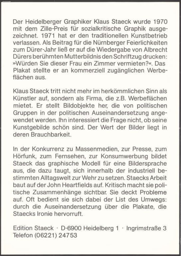 "Der Heidelberger Graphiker Klaus Staeck wurde 1970..." top image