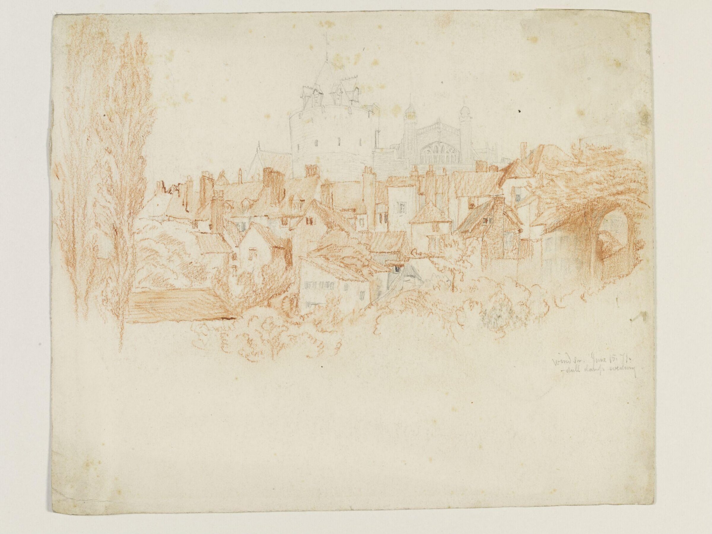 The Bell Tower and west front of St. George's Chapel, Windsor Castle, seen above houses in the town., Frederic Shields, 16 June 1871