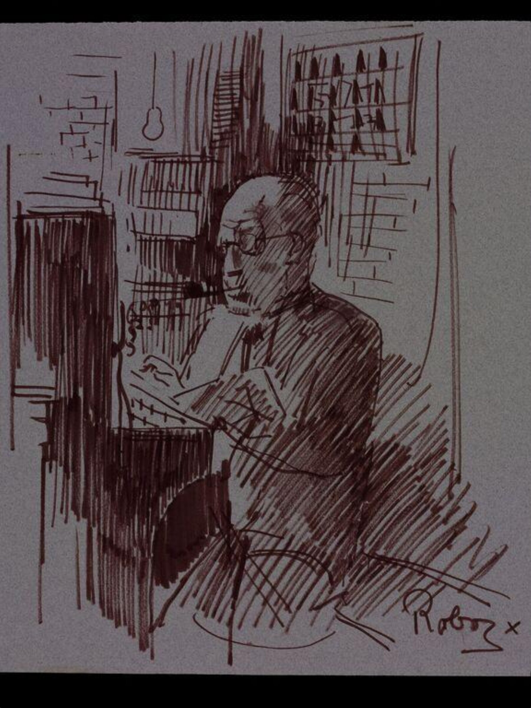 Ben Fuller, telephonist and doorman at the Windmill Theatre, drawing by Zsuzsi Roboz, Zsuzsi Roboz, 1964