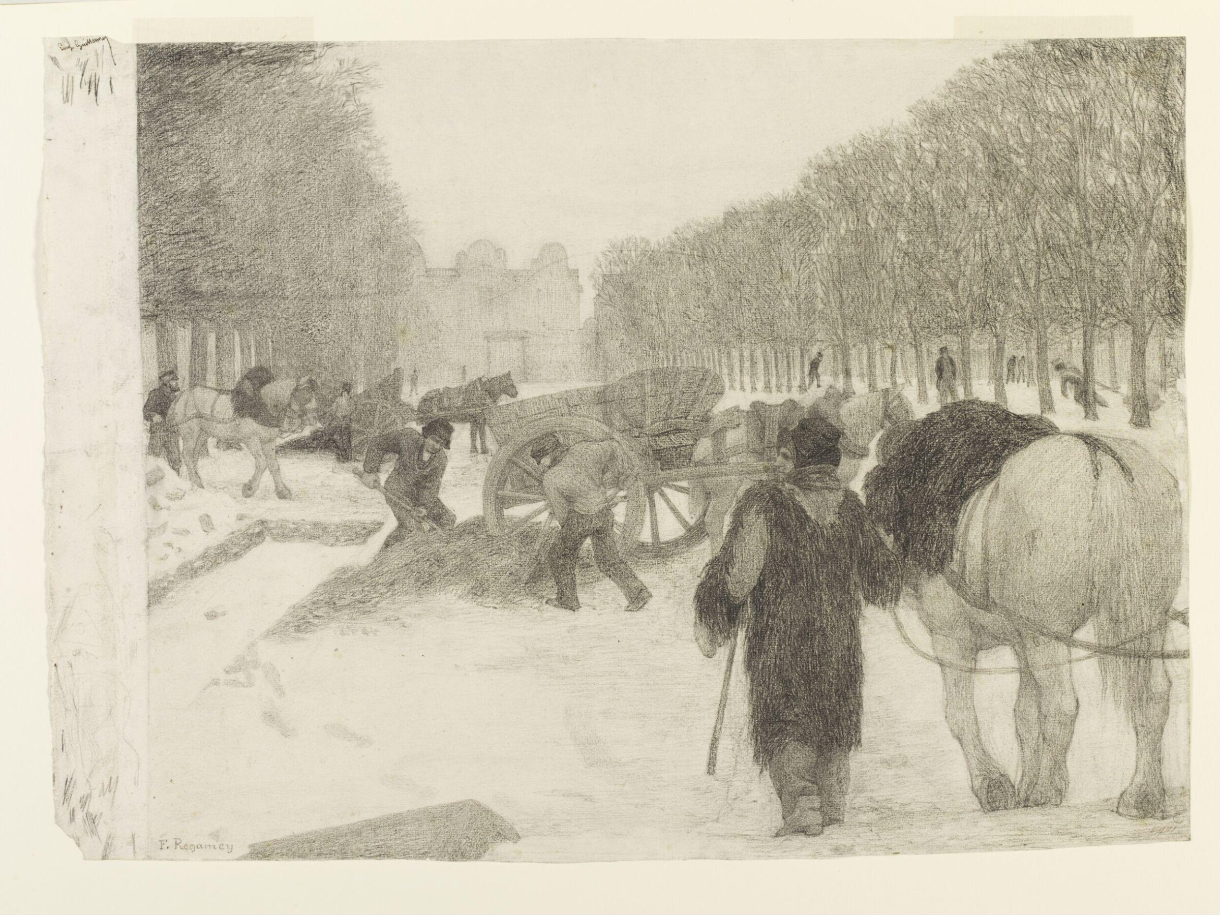 Winter scene in a Paris boulevard, Excavators and carmen at work, Frédéric Régamey, 1/2/1867