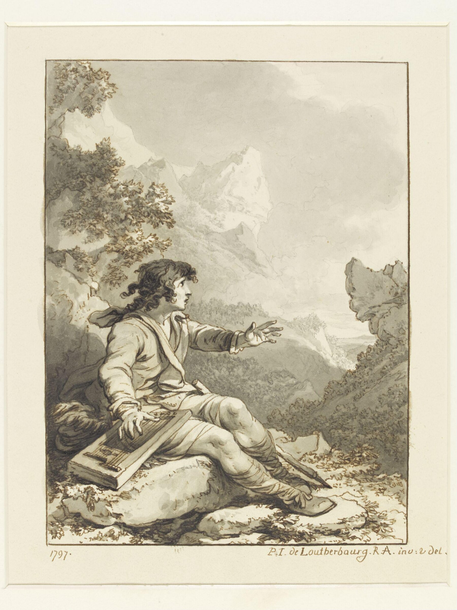 A young minstrel sitting on a stone in a rocky landscape, Philippe Jacques de Loutherbourg, 1797