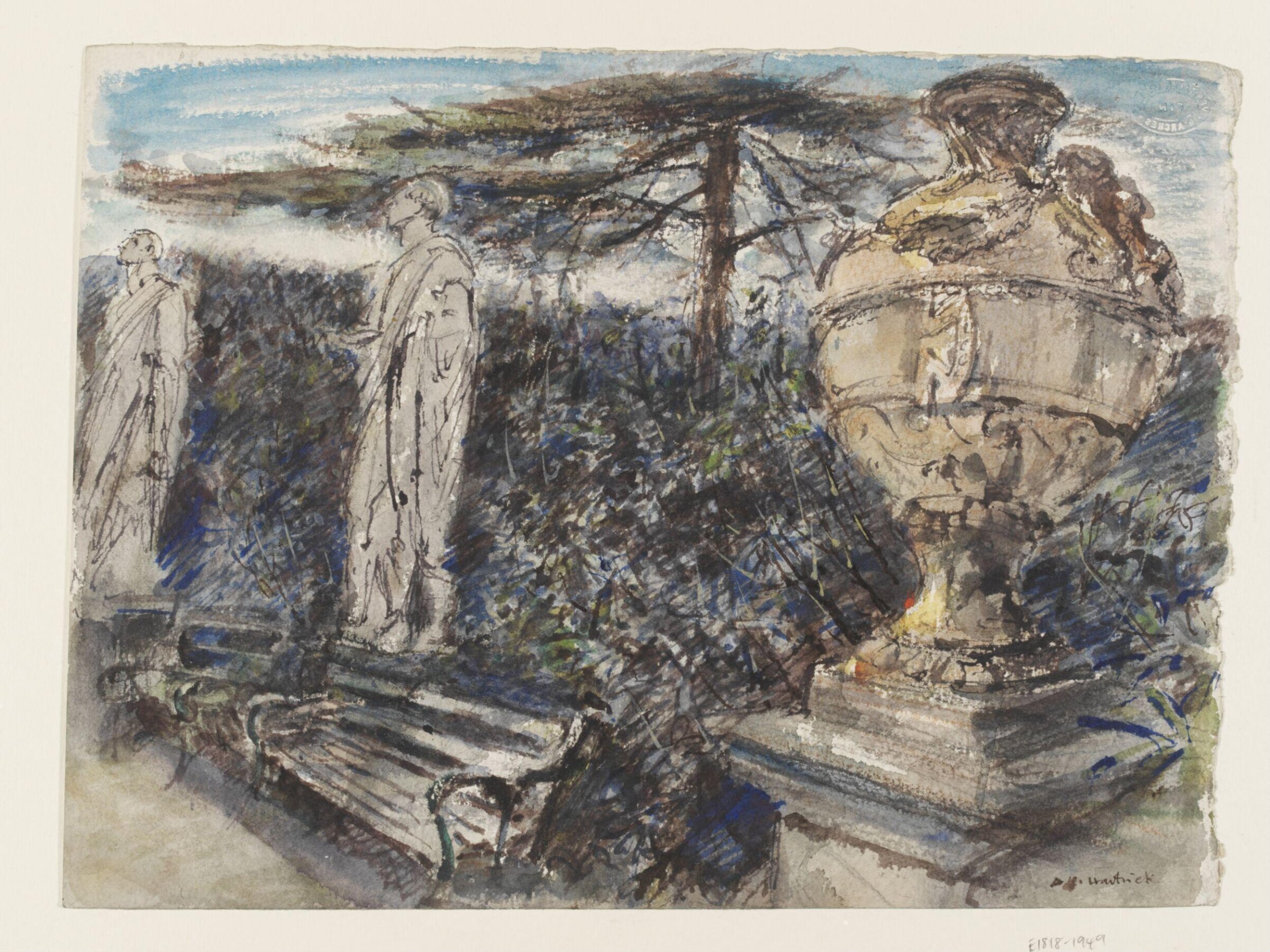 Chiswick House Garden, with statues of Caesar and Cicero, and Vase from Hadrian's Villa, Archibald Standish Hartrick, ок. 1940