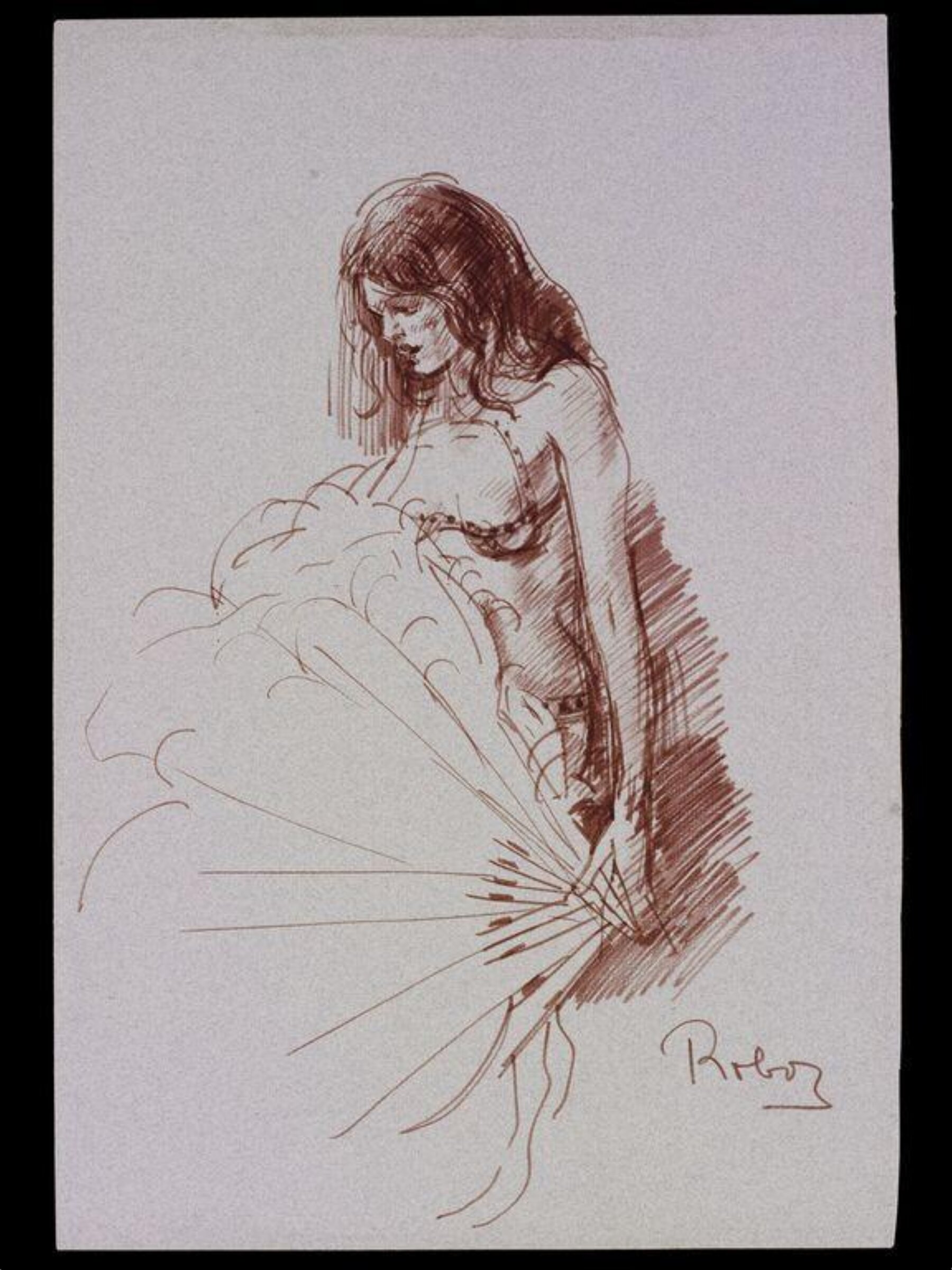 Drawing by Zsuzsi Roboz of a female performer at the Windmill Theatre with a giant feather fan, Zsuzsi Roboz, 1964