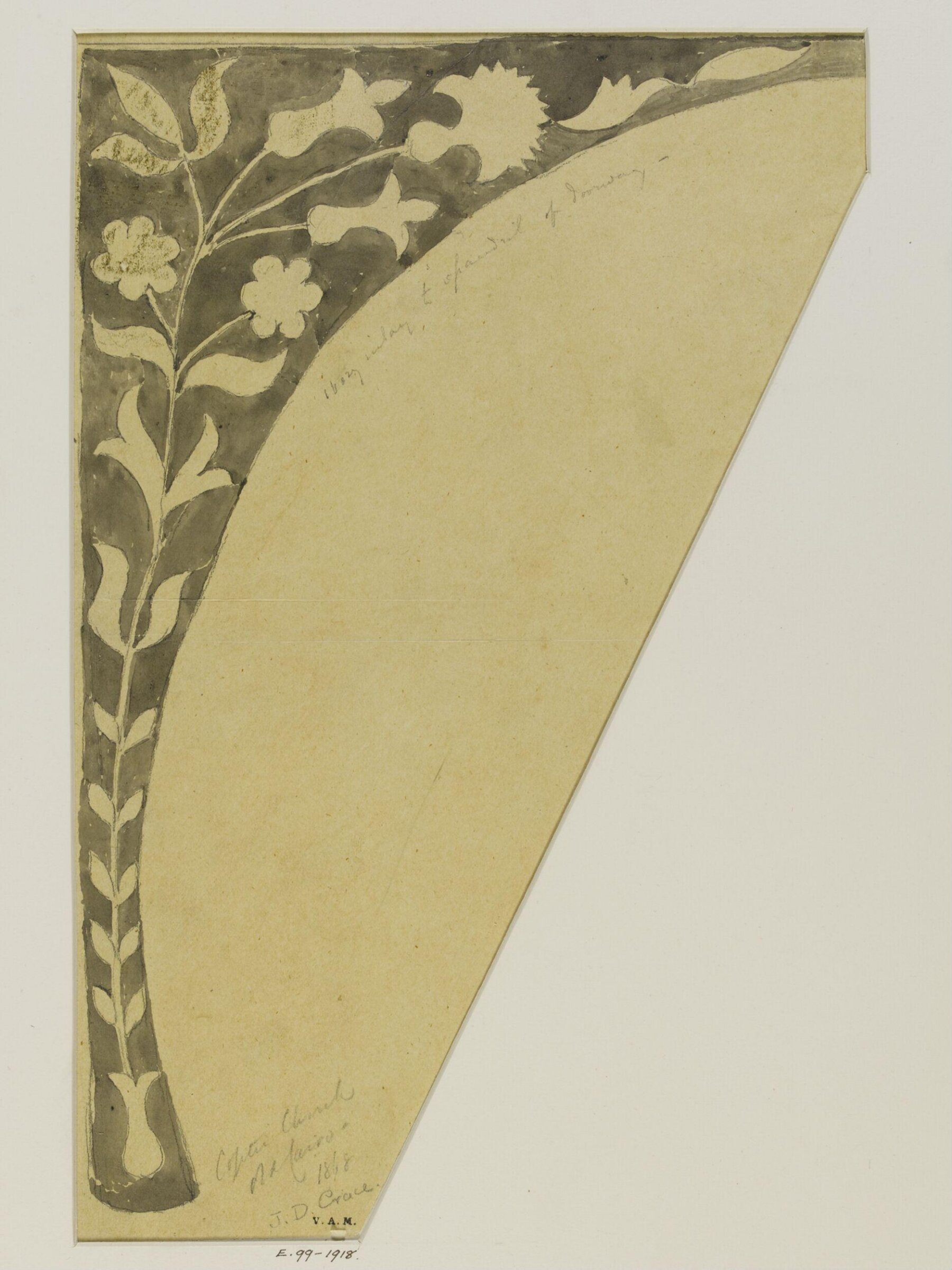 Tracing of ivory inlay to spandrel of doorway, Coptic Church, John Dibblee Crace, 1868