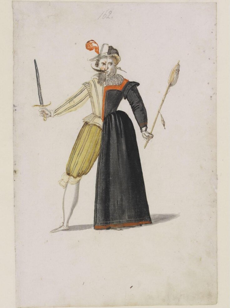 Costume design for a man with large head between his shoulders, in Ballet  due Serieux et du Grotesque, performed at the court of Louis XIII, by  Daniel Rabel. France, c.1627