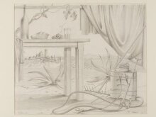 Landscape and still life with table, vine-sprayer and rake thumbnail 1