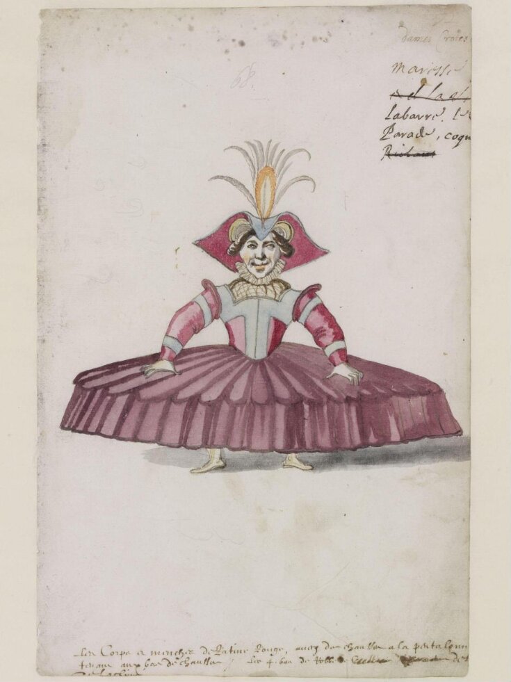 Costume design for a man with large head between his shoulders, in Ballet  due Serieux et du Grotesque, performed at the court of Louis XIII, by  Daniel Rabel. France, c.1627