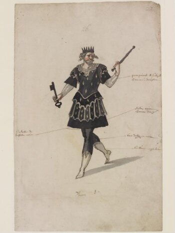 Costume design for a man with large head between his shoulders, in Ballet  due Serieux et du Grotesque, performed at the court of Louis XIII, by  Daniel Rabel. France, c.1627