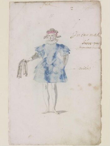 Costume design for a man with large head between his shoulders, in Ballet  due Serieux et du Grotesque, performed at the court of Louis XIII, by  Daniel Rabel. France, c.1627