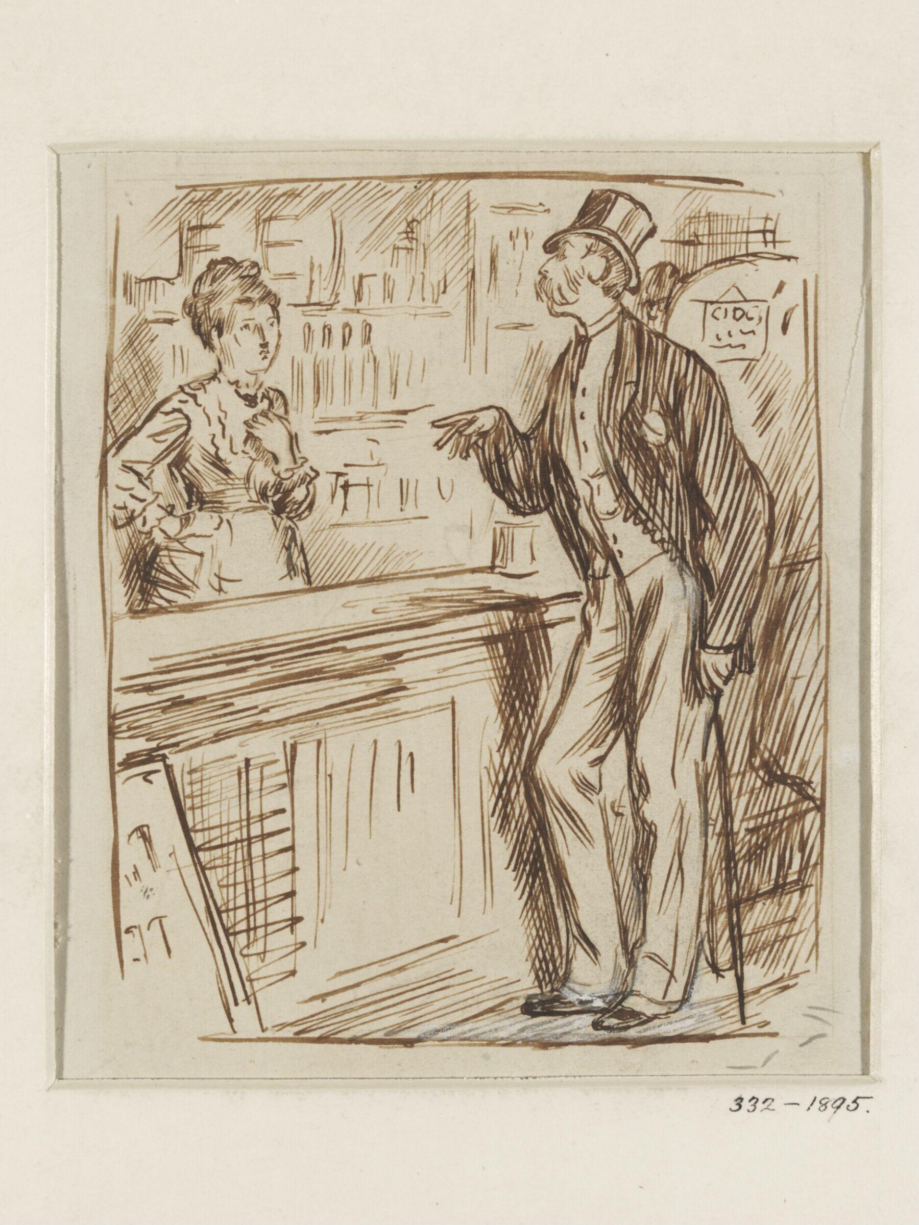 A Puzzle – Scene – Village Inn, Hampshire. Languid Swell: ‘’Sthawa Wifl’caw heaw?’; Barmaid: ‘Beg Pard’n, Sir!’ Swell: ‘’Sthawa Wifl’caw heaw?’ Barmaid: ‘Don’t understand French, Sir!’ Swell: ‘Haw!’ (Exit.) (He is supposed to have meant: ‘Is there a Rifle Corps here?’), Charles Samuel Keene, 1876
