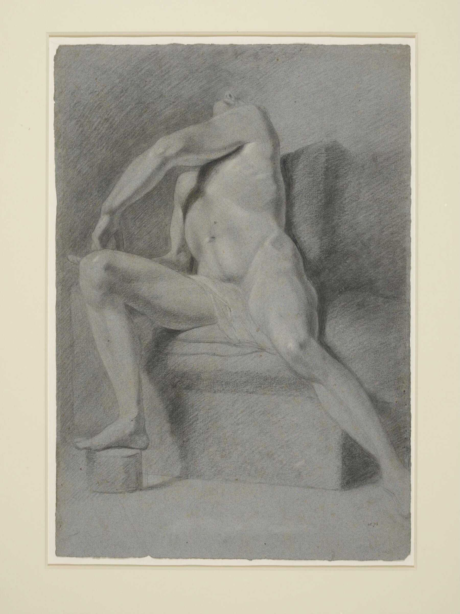 Study of a male nude figure, seated, with his right foot on a round block and his head thrown back., Constable, ca. 1800