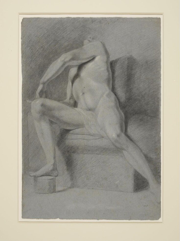 Study of a male nude figure, seated, with his right foot on a round block and his head thrown back. top image