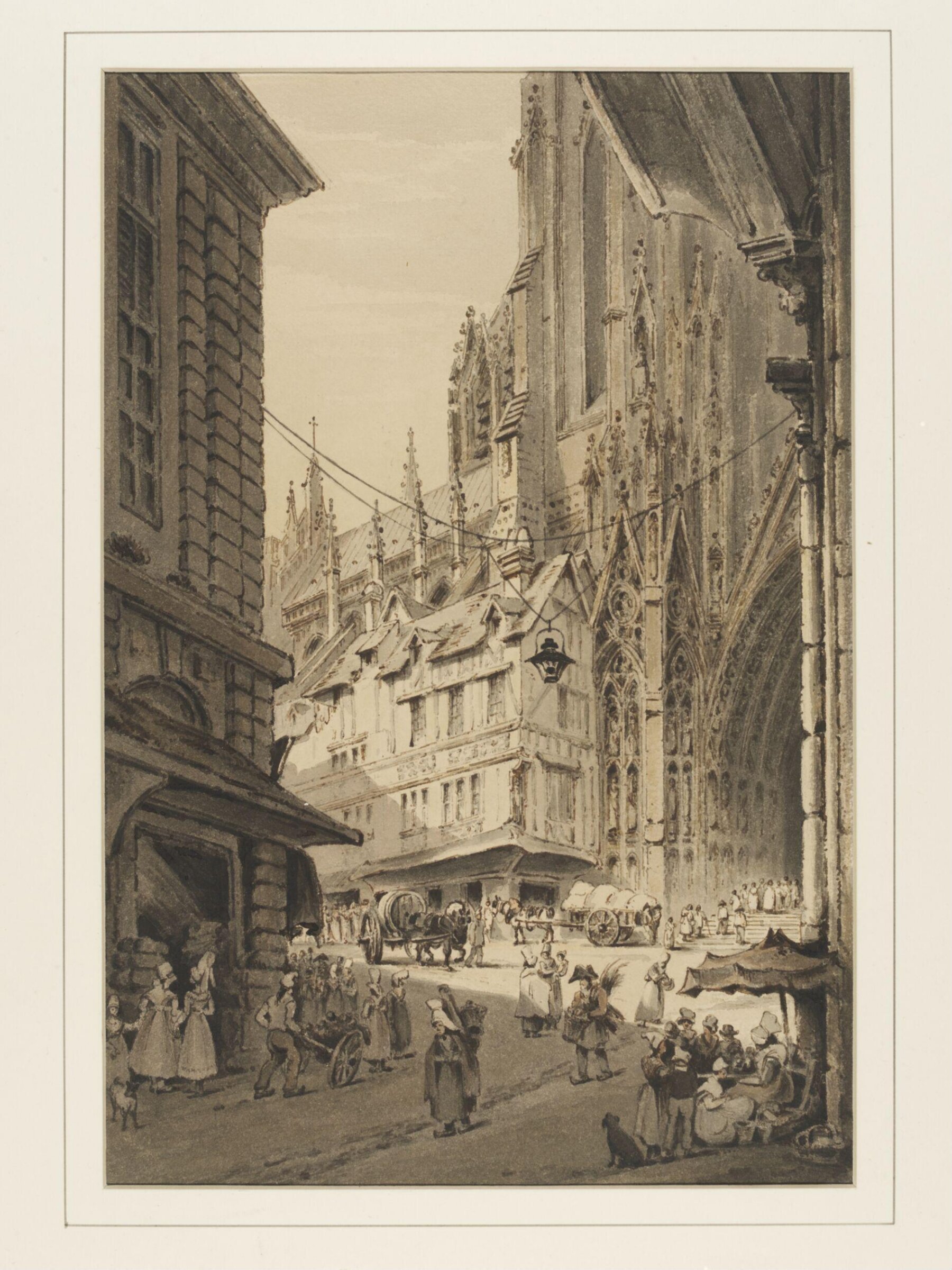 South Portal, Rouen Cathedral, as seen from the Place de la Calende, Henry Edridge, circa 1820