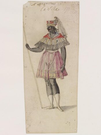 Costume design for a man with large head between his shoulders, in Ballet  due Serieux et du Grotesque, performed at the court of Louis XIII, by  Daniel Rabel. France, c.1627