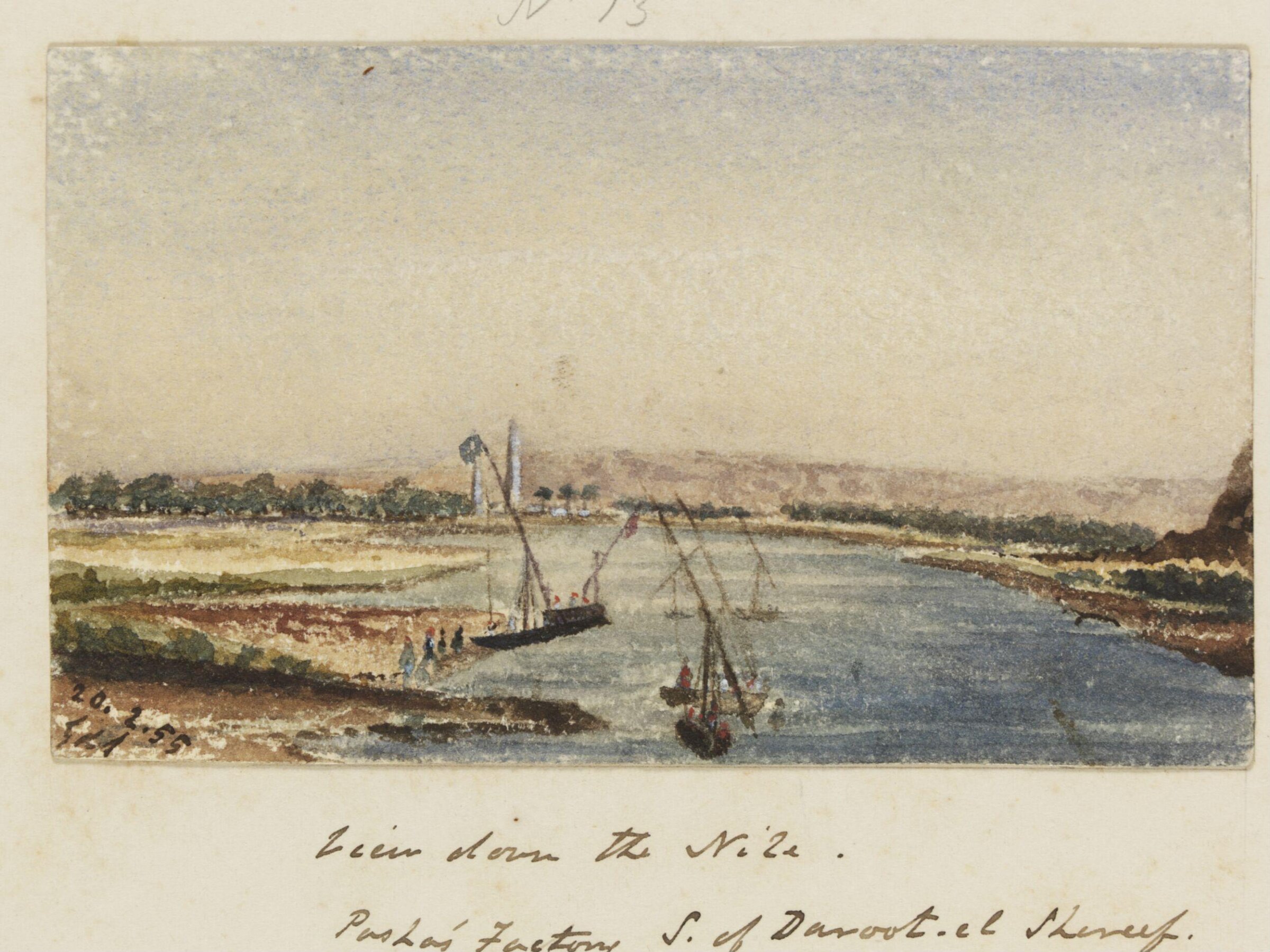 `View down the Nile.  Pasha's Factory S.of Daroot-el Shereef. Upper Egypt', George de Sausmarez, 1855