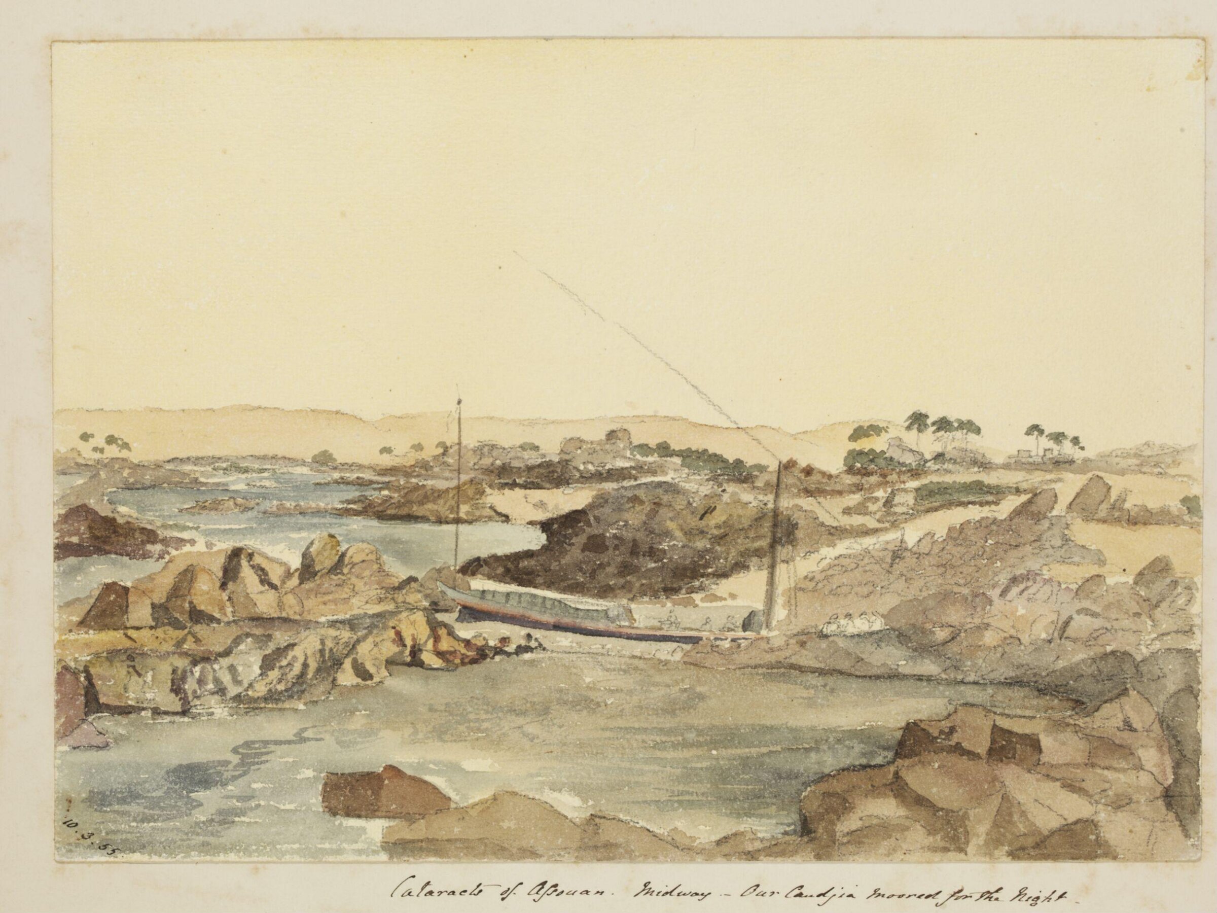 `Cataracts of Assouan.  Midway. -  Our Candjia Moored for the Night - On the Nile', George de Sausmarez, 1855
