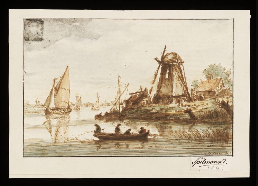 River landscape with a windmill (18th century) by Hendrik Spilman