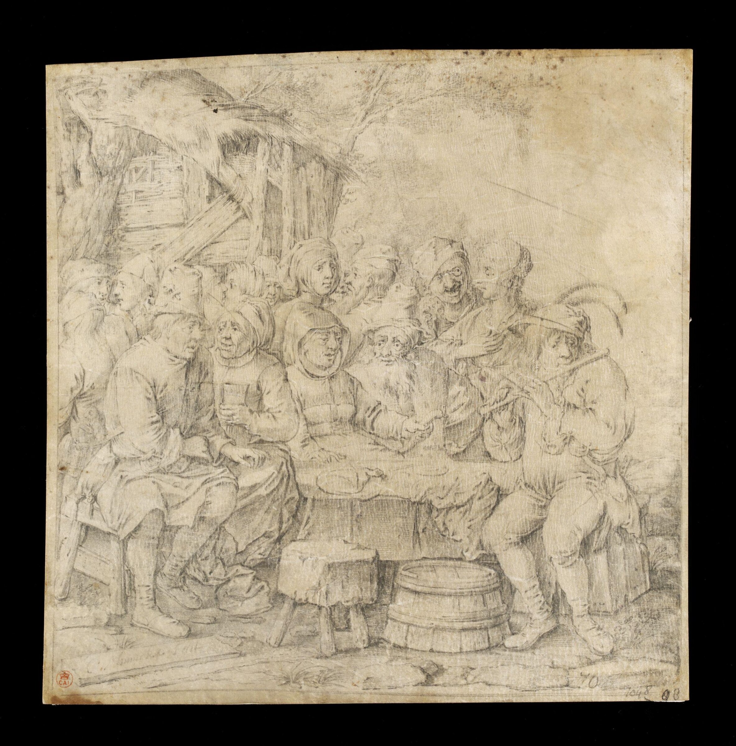 Peasants Seated and Standing Around a Table Near a Rustic Barn, Cornelis Moninckx, 17th century