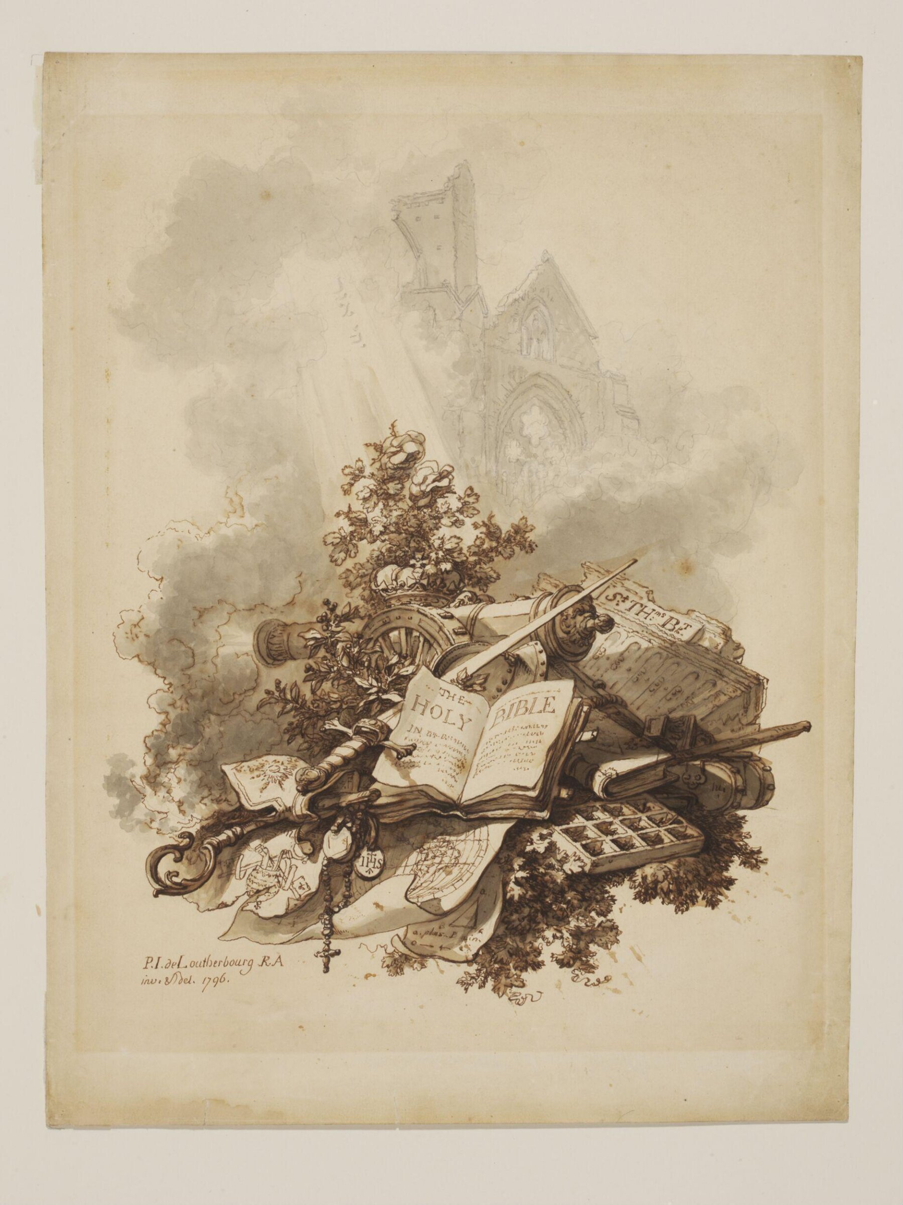 Ecclesiastical and military trophies, etc.; in the background a ruined abbey, Philippe Jacques de Loutherbourg, 1796