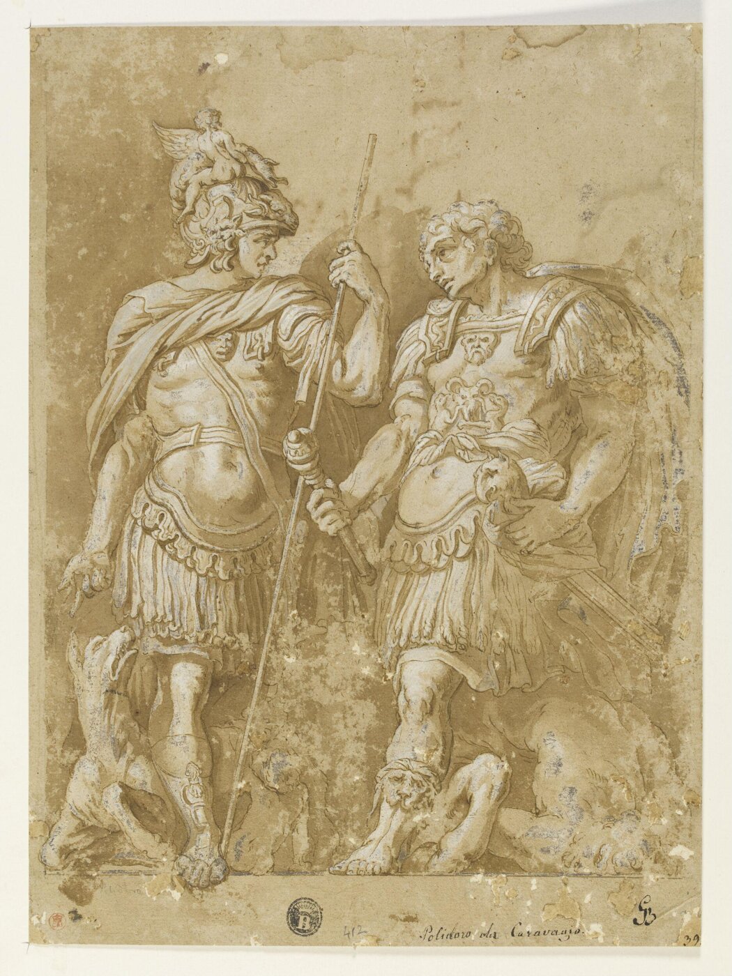 Polidoro da Caravaggio, Two Roman soldiers, a she-wolf suckling a child and a prostrate centaur