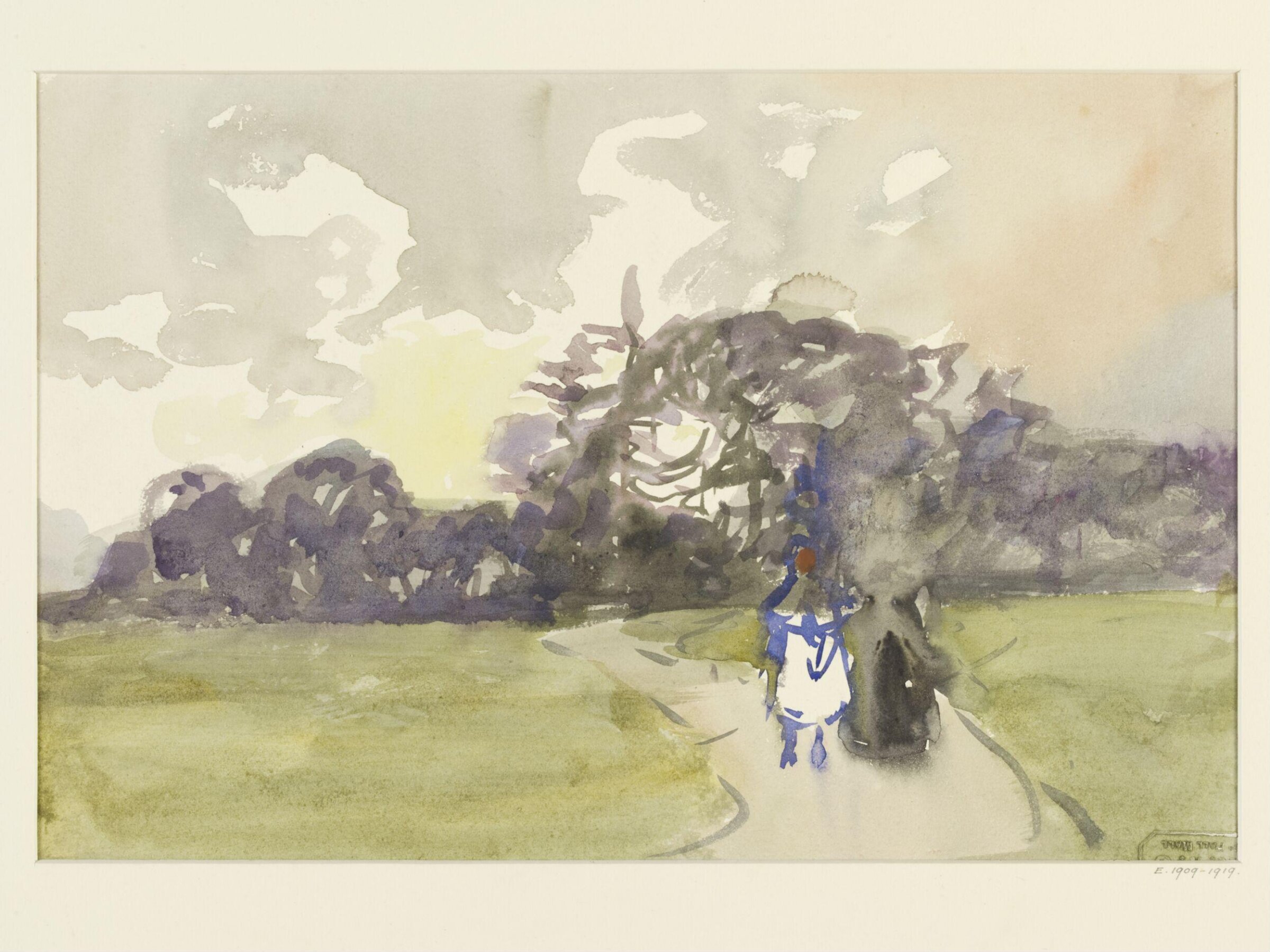 Landscape study, with trees and figures in the foreground, Alfred East, late 19th century-early 20th century