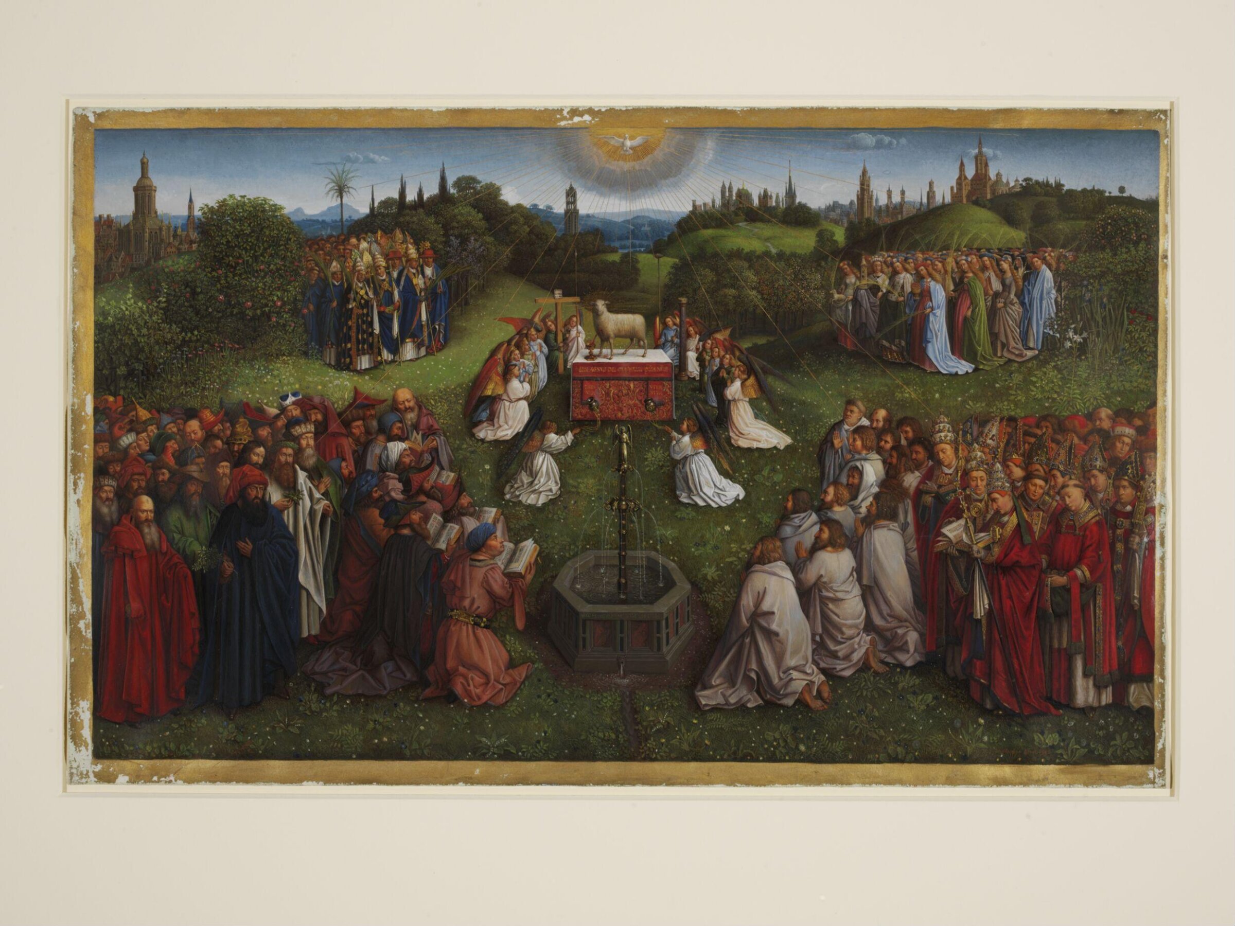 Copy of a detail of the Ghent Altarpiece, Adoration of the Lamb, by Hubert and Jan van Eyck in the church of St Bavon, Ghent., Christian Schultz, 1865
