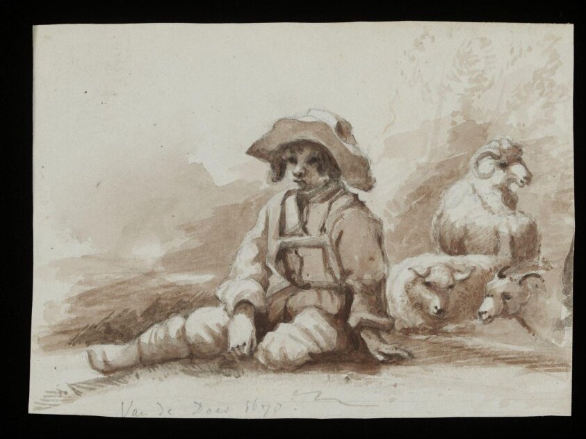 Shepherd boy seated in a landscape with three sheep (1670) by Simon van der Does