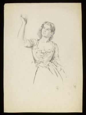 A woman with her right arm raised