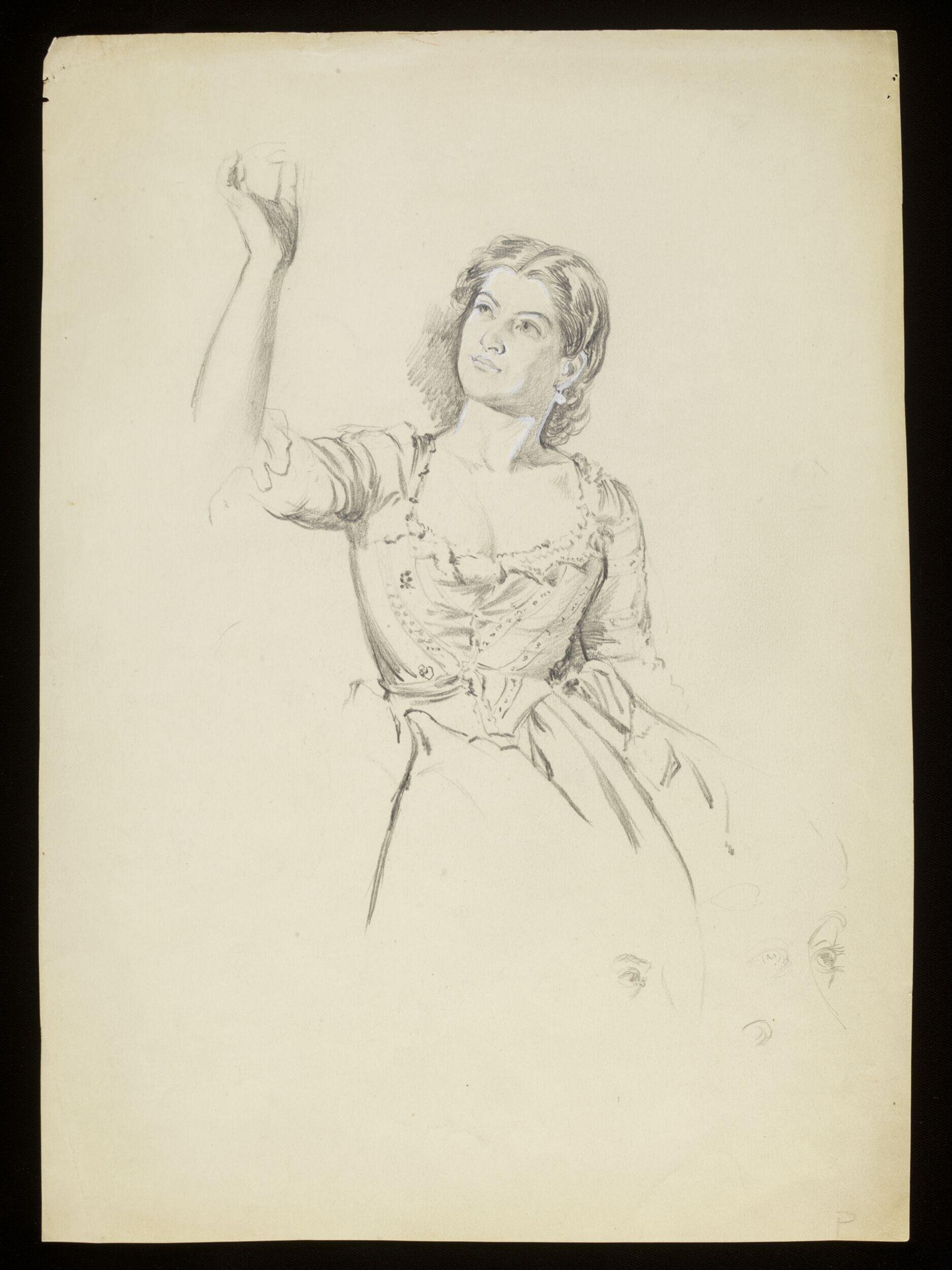 A woman with her right arm raised