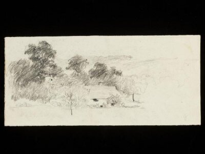 Woodland scene with buildings