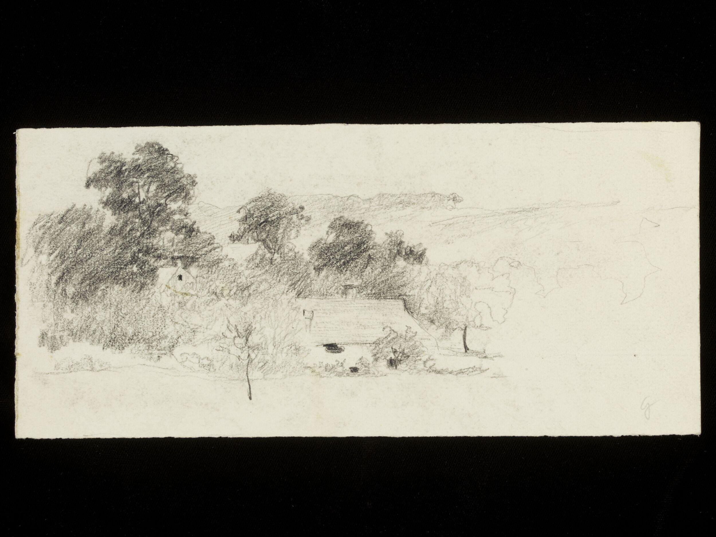 Woodland scene with buildings