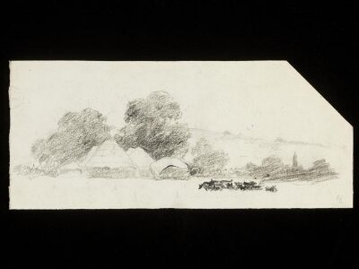 Landscape with cows and buildings