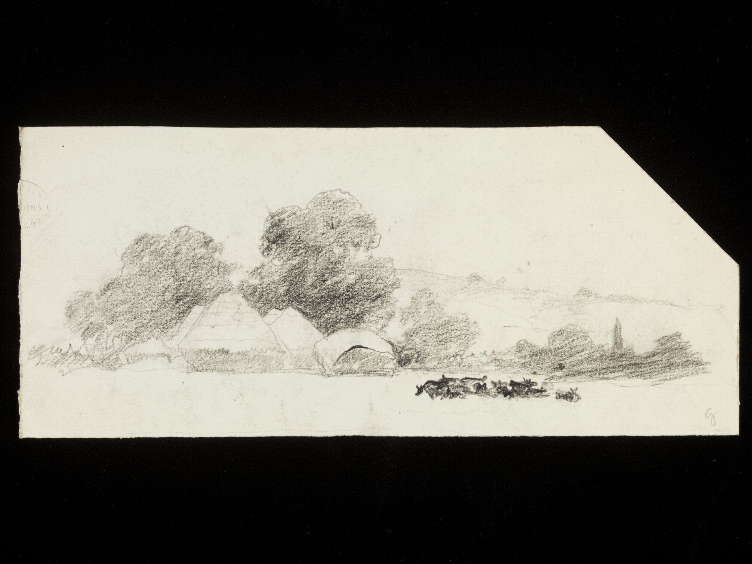 Landscape with cows and buildings