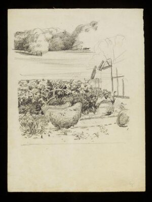 Two chickens in front of a hedge