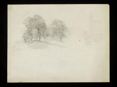Church tower and woodland scene