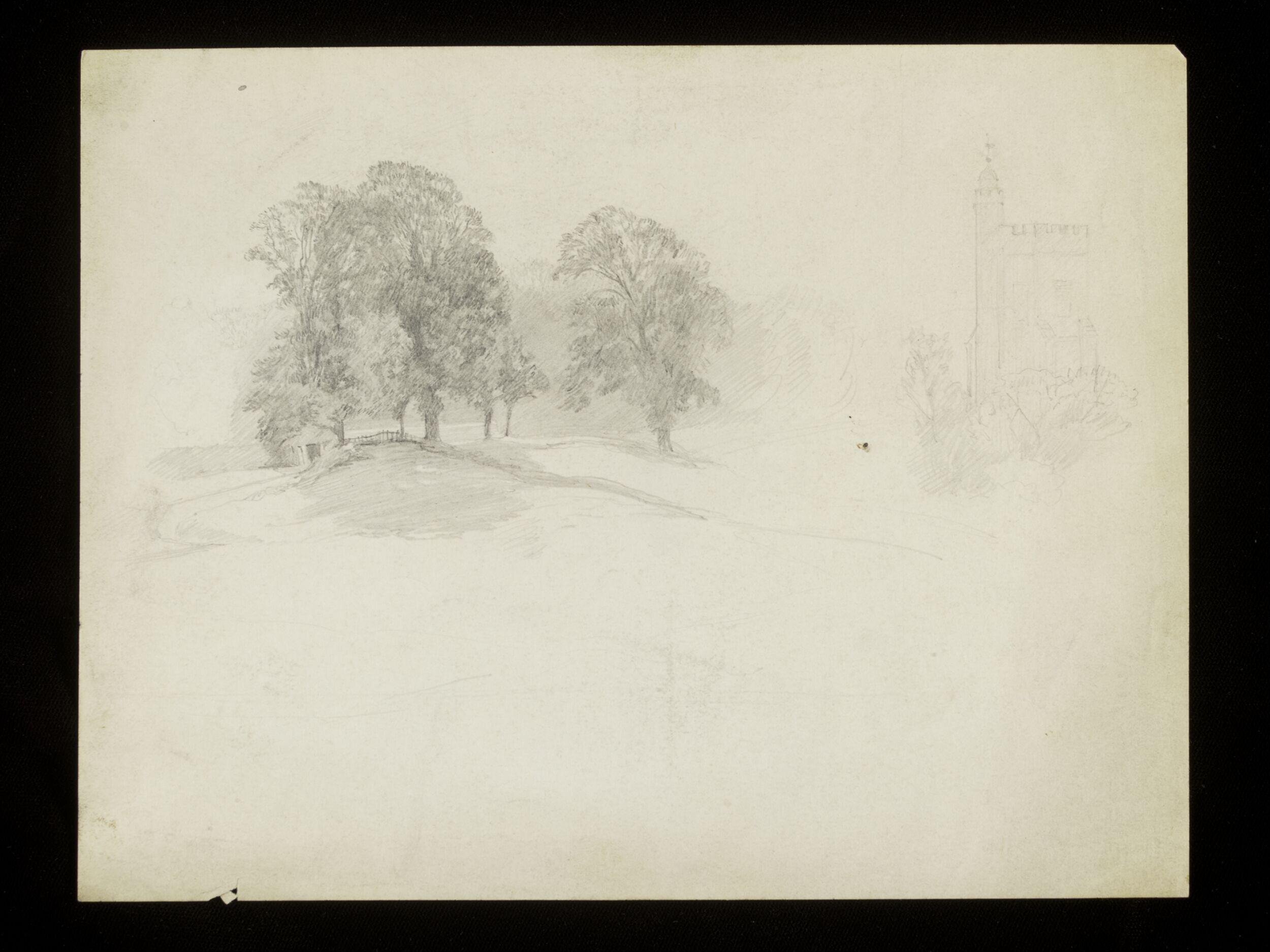 Church tower and woodland scene