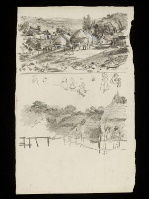 Buildings, wooden fences and figures