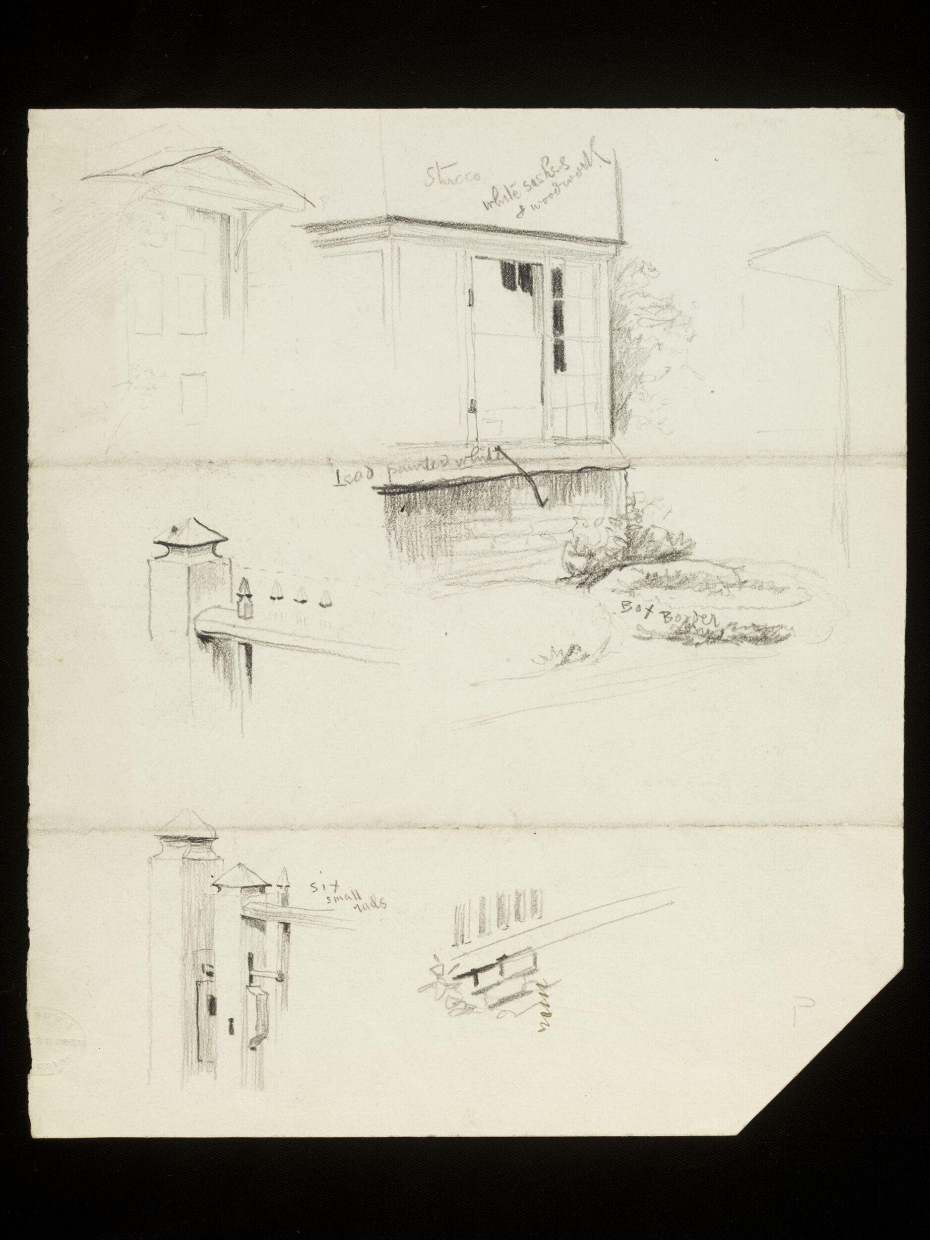 The front door and bay window of a house and railings