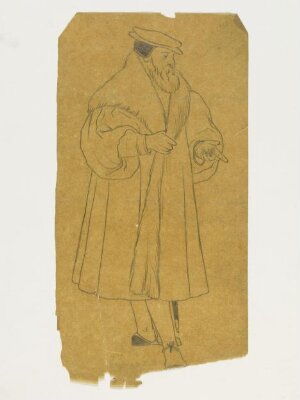 A bearded man in costume, wearing a hat