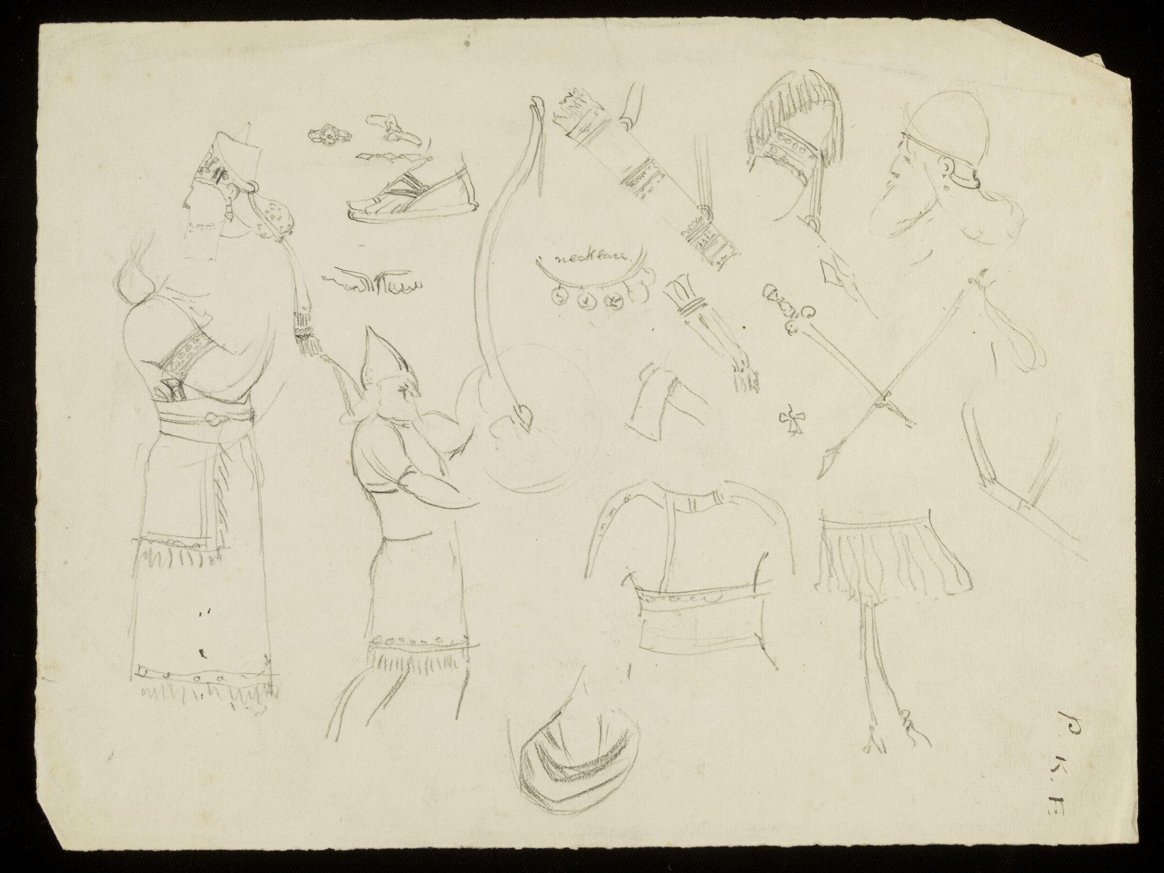 Men in costume and various pieces of armour and jewellery, Luke Fildes, ca. 1860-1927