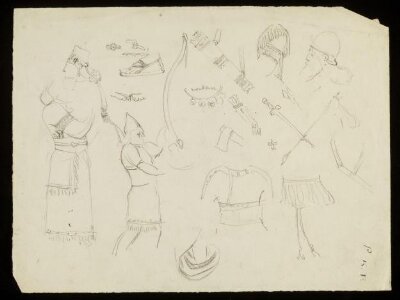 Men in costume and various pieces of armour and jewellery