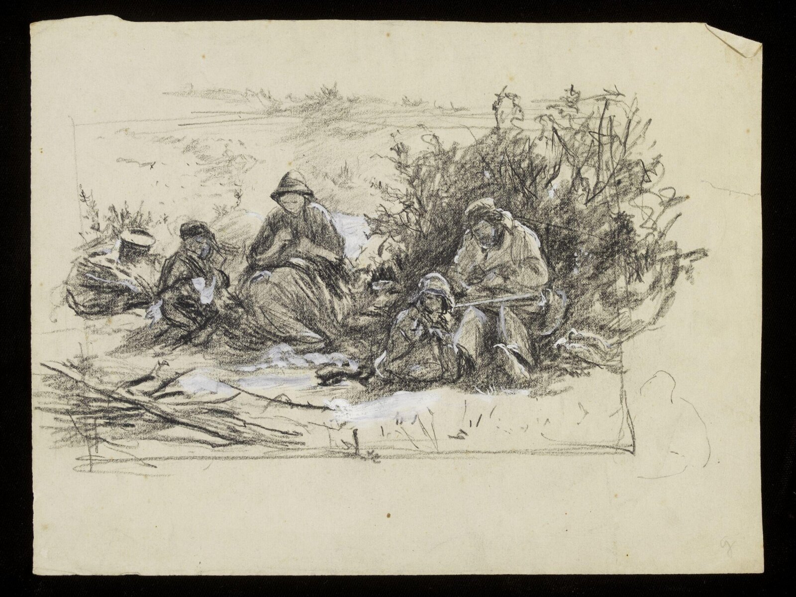 Men sitting in a field, Luke Fildes, ca. 1860-1927