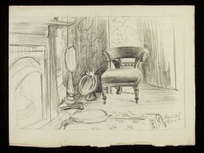 Interior with chair next to a fire place