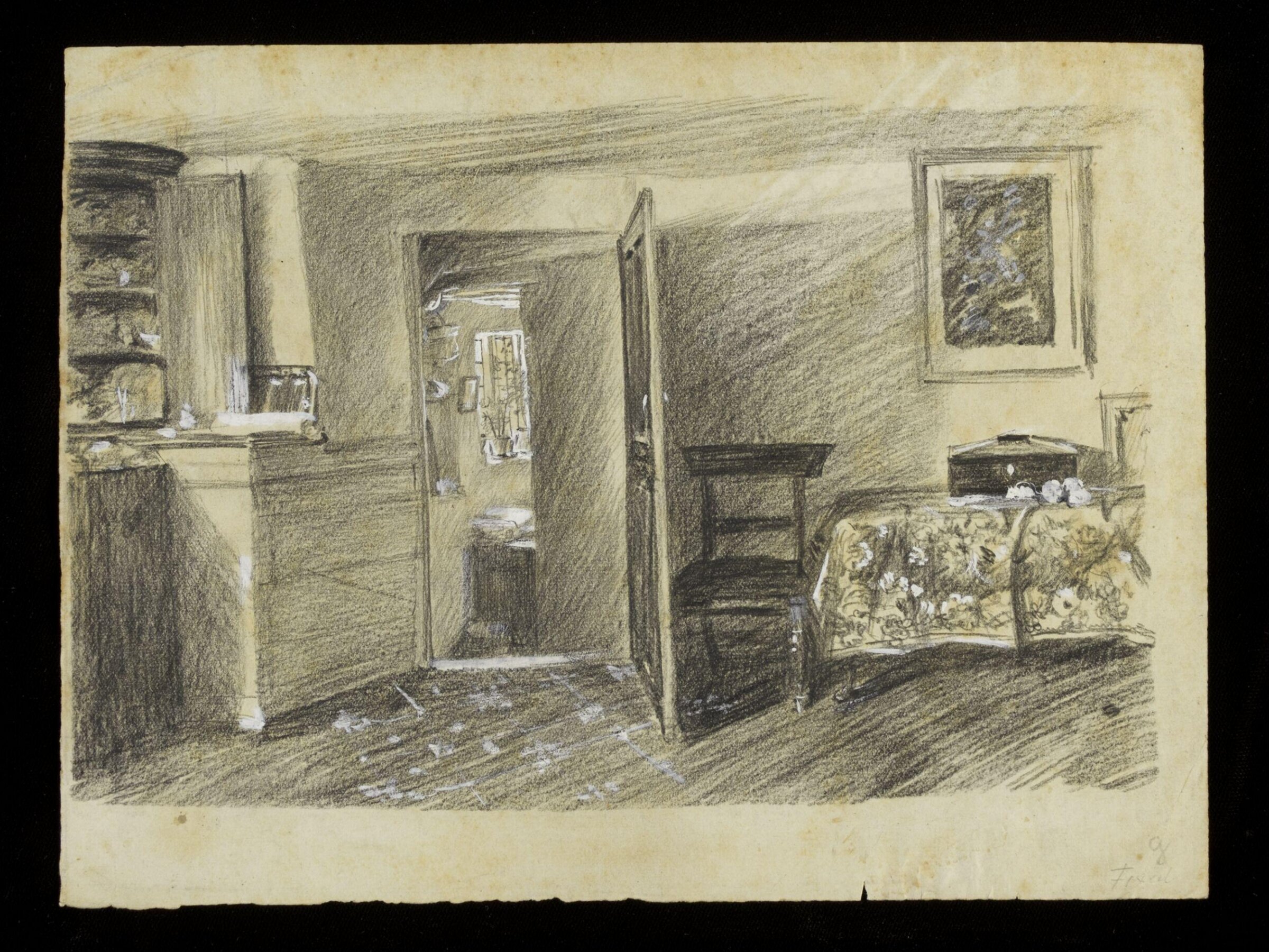 Interior of a room with an open doorway, Luke Fildes, ca. 1860-1927
