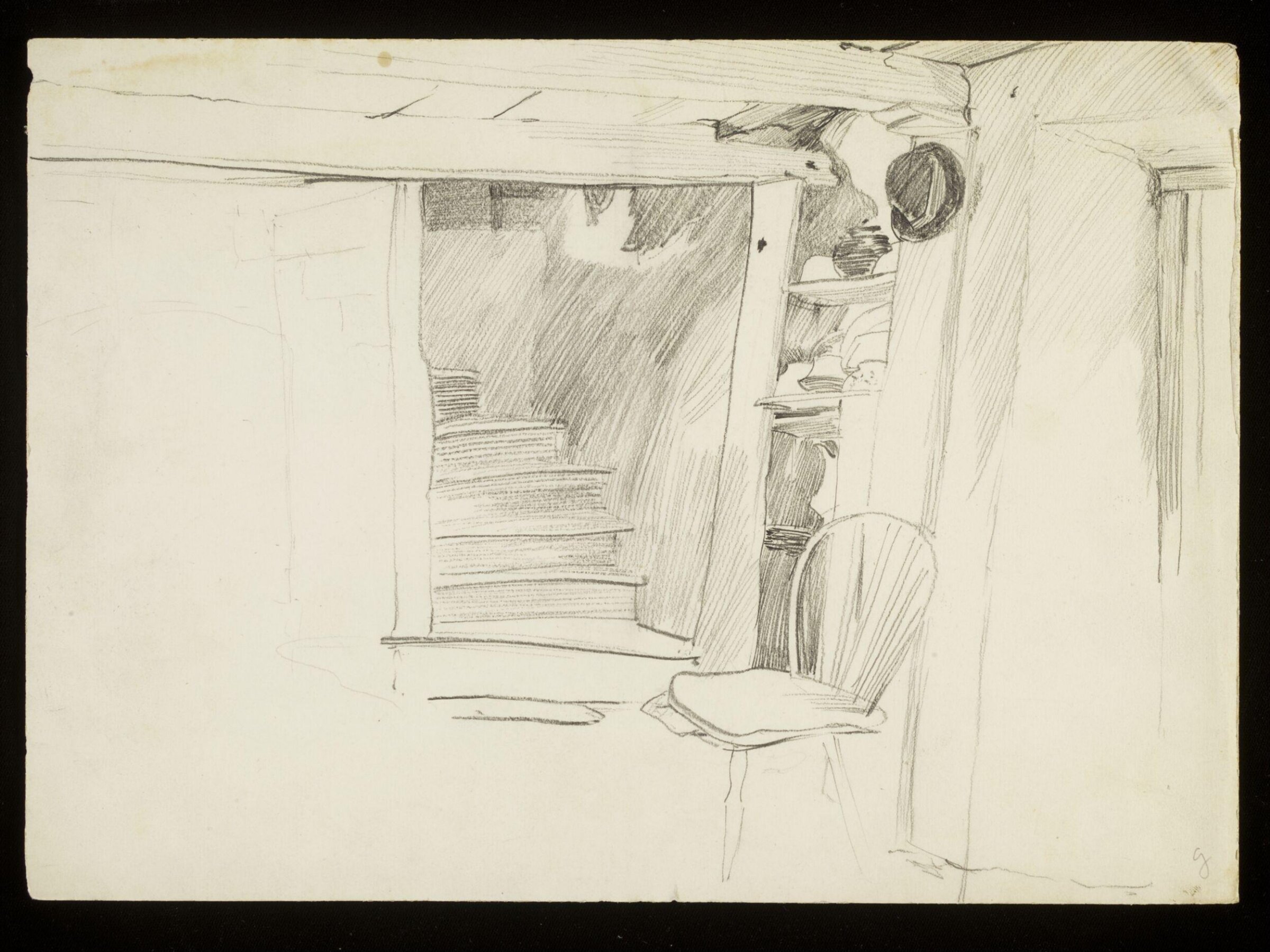 Bottom of a staircase with a hat and chair, Luke Fildes, ca. 1860-1927
