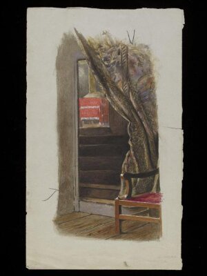 Interior with curtain pulled back to reveal staircase