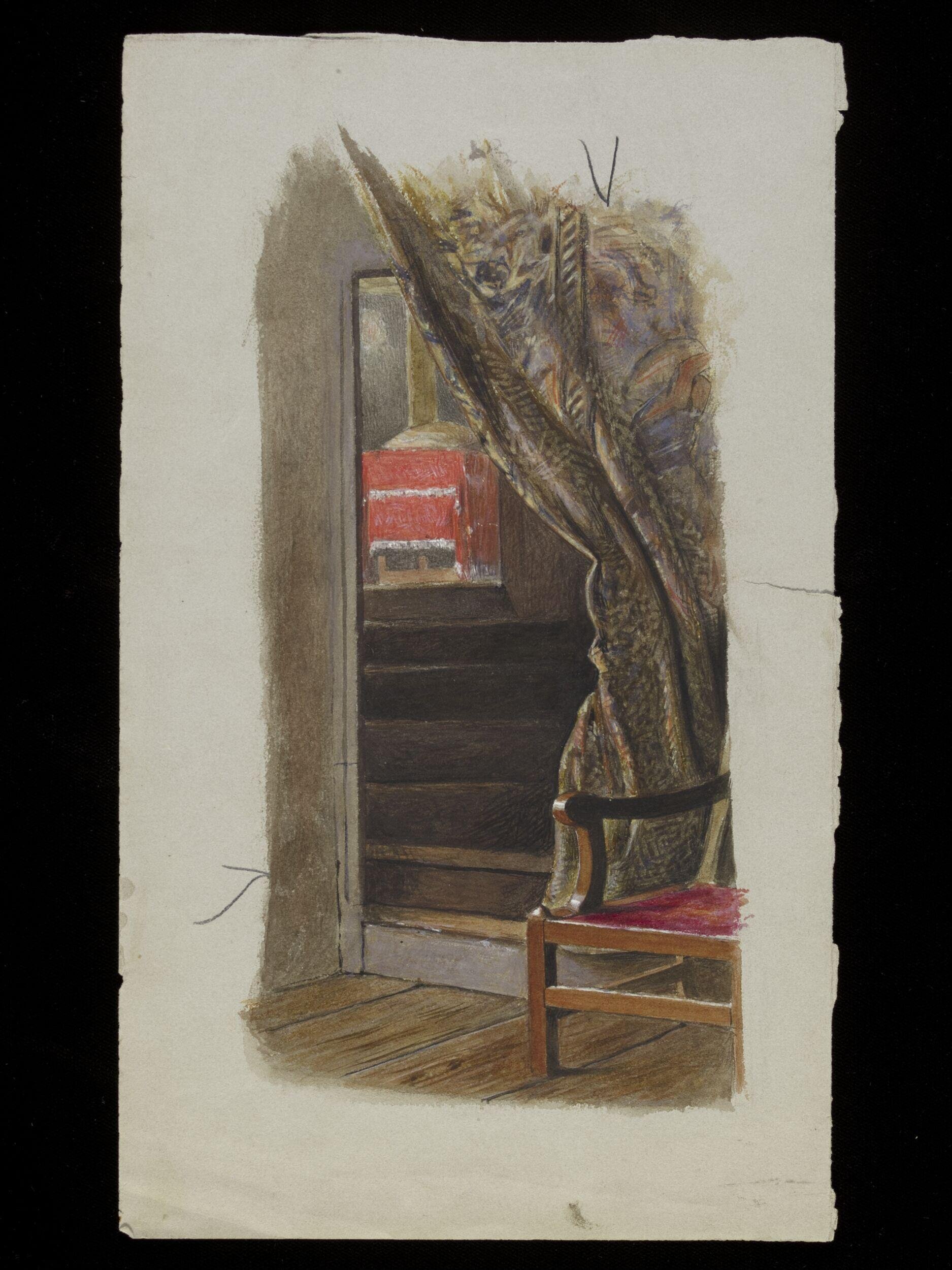 Interior with curtain pulled back to reveal staircase