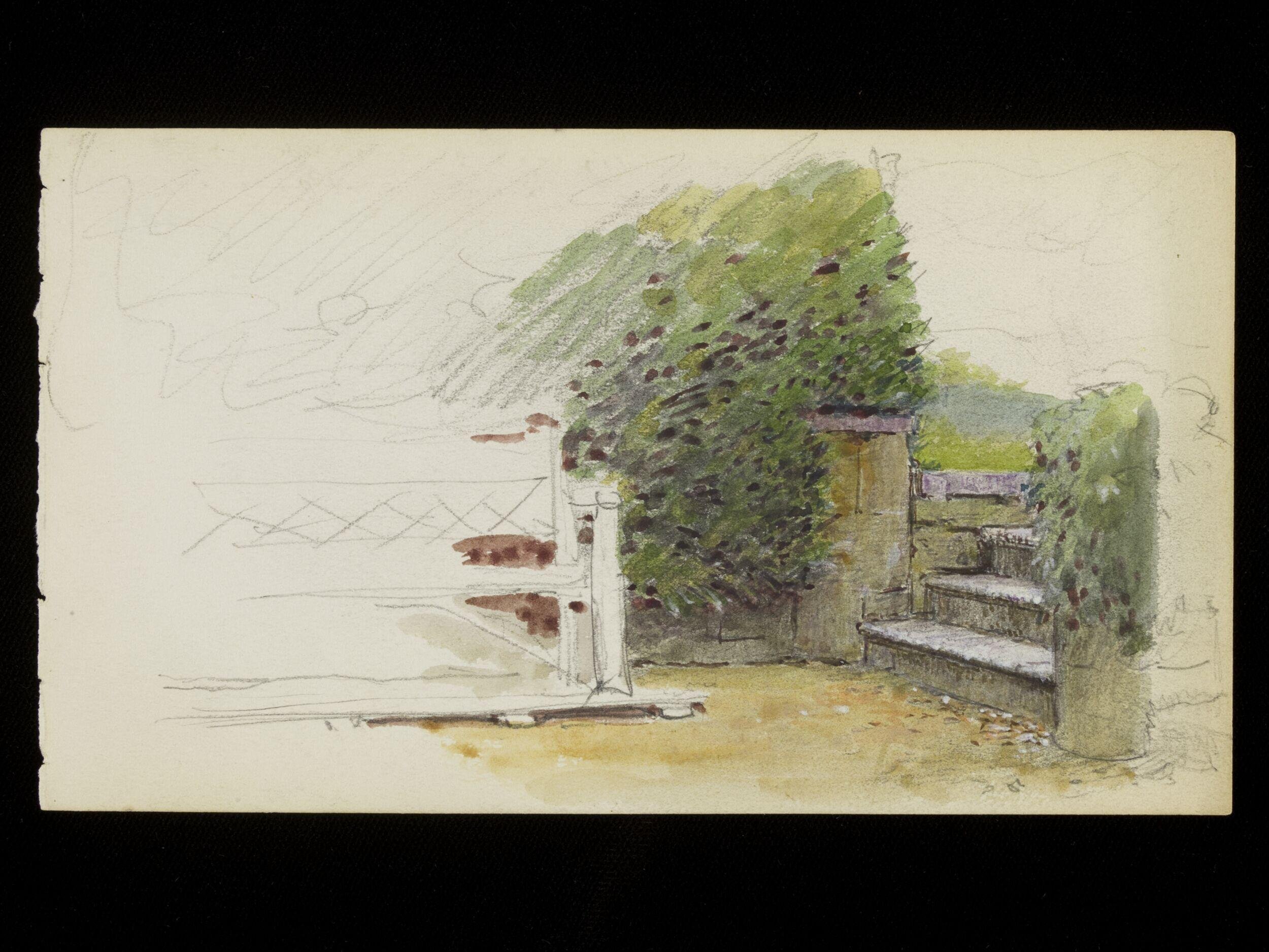 Garden bench and stone steps