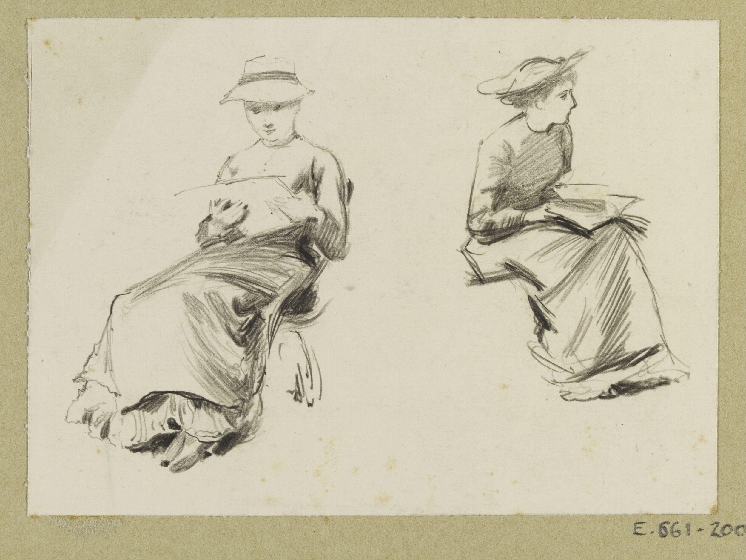 Two seated women reading